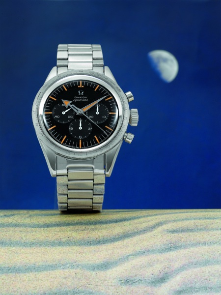 BROAD ARROW Omega, Speedmaster, No. 15996292, Ref. CK 2915-2. Sold on 2nd July, 1959..Very fine and equally rare, water-resistant, stainless steel gentleman's wristwatch.with round button chronograph, registers, tachometer and a stainless steel Omega.brac