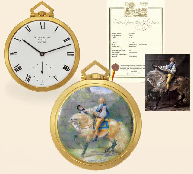 Portrait of Comte Stanislas Potocki.Patek Philippe & Cie, Geneve, No. 893282, case No. 2633979, Ref. 763/2. Made in 1968.delivered to Cartier on June 18, 1969..Very fine and rare, 18K gold and painted on enamel keyless dress watch, the back with hand-pain