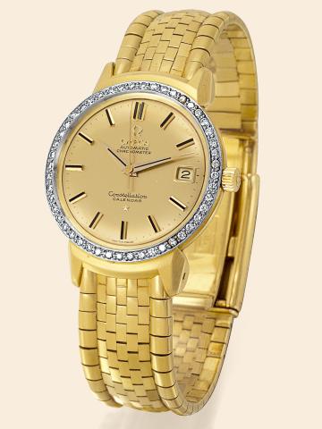 Yellow Gold & Diamond Constellation Calendar Grand Luxe.Omega, Automatic Chronometer Constellation Calendar.Ref. SC 18781, No. 17238102, case No. 467323. Made in 1959..Very fine and rare, elegant, center-seconds, self-winding, water-resistant, 18K.yellow 