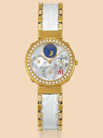 Yellow Gold & Diamond Perpetual Calendar.G_rald Genta, AH, No. 41682, Ref. G. 3053.8..Made in the 1990s..Very fine, astronomic, water-resistant, 18K yellow gold.diamond-set, mother of pearl and lapis lazuli, quartz, gentleman's.wristwatch with perpetual c