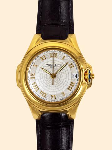 So-called Russian.Watch, Ref. 5090J.Patek Philippe & Cie.Gen_ve, Sculpture, No. 3012579.case No. 4046285, Ref. 5090 J. Made.for the Russian Market circa 2000..Very fine and rare, tonneau-shaped, center.seconds, self-winding, water-resistant, 18K.yellow go