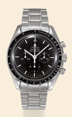 30th Anniversary Apollo XI.Omega, Speedmaster Professional, No. 9044/.9999, movement No. 7709248, Ref. ST 345.0223..Made in a limited edition of 9999 examples.in 1999..Fine and rare, asymmetric, water-resistant, stainless steel.wristwatch with round butto