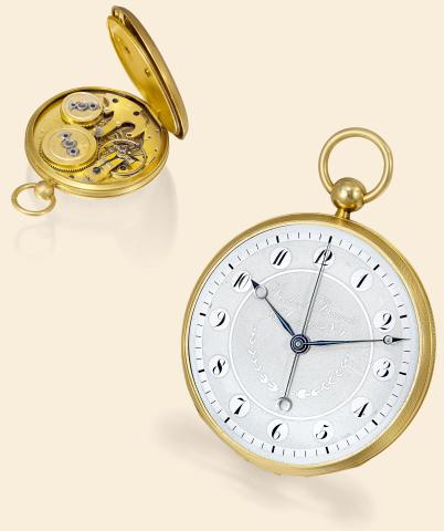 Independent Dead Seconds.Special Acid-Etched Dial.Robert Brandt & Compe, Geneve, No. 1..Made circa 1825..Very fine and very rare, 18K gold pocket watch with independent.dead-center seconds and special acid-etched enamel dial.