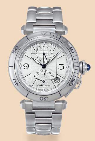 Pasha Power Reserve Indication.Cartier, Pasha Automatic, case No. 96043CD, Ref. 2114. Made circa 2000..Fine, self-winding, water-resistant, stainless steel wristwatch with date, a 24-hour dial for a second time.zone, 50-hour power reserve sector, and a st