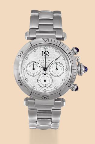 Pasha Chronograph.Cartier, Pasha Chronograph Automatic, Case No. 96043CD, Ref. 2114. Made circa 2000..Fine, self-winding, water-resistant, stainless steel wristwatch with date, round button chronograph, and a.stainless steel Cartier bracelet with double d