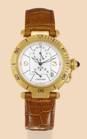 Pasha Two Time Zone.Cartier, Pasha - Two Time Zone, case No. 283192HG, Ref. 2395. Made in the late 1990s..Fine, center-seconds, self-winding, water-resistant, 18K yellow gold wristwatch with date, 24-hour dial for.the second time zone, 50-hour power reser