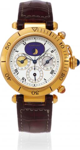 Pasha Three-Time-Zone.Cartier, Pasha Quartz -Three-Time-Zone, case No. 30018, Ref. 0326. Made circa 1991..Fine and rare, three time zone, center-seconds, water-resistant, 18K yellow gold quartz wristwatch with moon phases, date.and an 18K yellow gold Cart