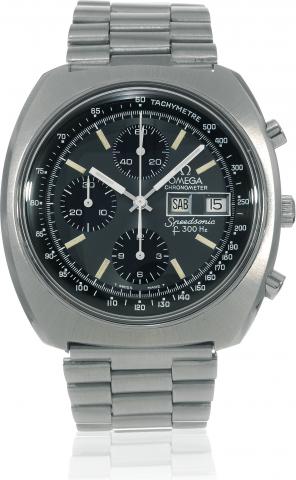 Speedsonic.Omega Chronometer, Speedsonic.300 Hz, No. 38423886.Ref. ST 188.0002. Sold on May 25, 1978..Fine and rare stainless steel tonneau-shaped.electronic wristwatch with round button.chronograph, 12-hour and 30-minute registers.tachometer, day and dat
