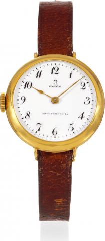 100 Year-Old Left Hand Winding Wristwatch.Omega, retailed by Kirby, Beard & Co., Ld. (Paris), case.No. 4427665, Ref. 768.12. Sold on January 20, 1910..Fine, extremely rare and very early, yellow gold wristwatch with.left-handed winding crown, the back eng