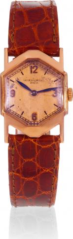 Patek Philippe & Co, Geneve. Movement No..813903, case No. 613200, Ref. 472. Movement made in.1926, encased in 1936 and sold on January 13th 1937..Very fine and rare, octagonal pink gold wristwatch with a 18K.pink gold Patek Philippe buckle. Accompanied b