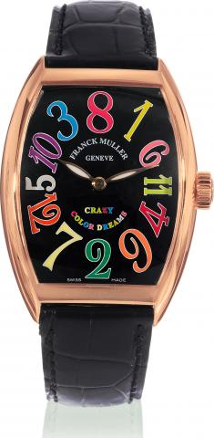 Crazy Color Dreams.Franck Muller, Geneve, Crazy Color Dreams, case No. 127, Ref. 7851 CH. Made circa 2005, sold on February.17th, 2006.Fine and unusual, tonneau-shaped, water-resistant, self-winding, 18K pink gold wristwatch with non sequential Arabic num