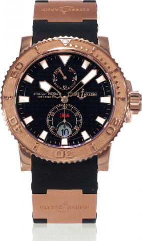 Maxi Marine Chronometer.Ulysse Nardin, Le Locle, Suisse.Maxi Marine, Officially Certified Chronometer.movement No. 05637 No. 196, Ref..266-33. Made in 2004, sold on September.23rd, 2005..Fine, self-winding, water resistant, 18K.pink gold chronometer diver