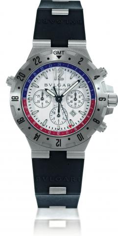 Diagono Professional GMT Aria Chronograph Flyback.Bulgari, Automatic GMT Diagono Professional.No. L0071, Ref. GMT40SVDFB. Sold on July 5, 2004..Fine, stainless steel, self-winding, water-resistant wristwatch with.round button chronograph, registers, three