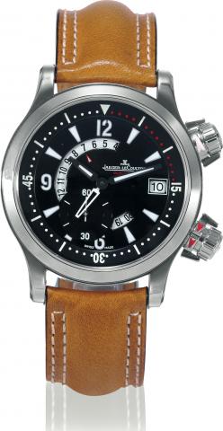 Master Compressor Dualmatic.Jaeger-LeCoultre, Master Compressor Dualmatic.case No. 0240, Ref. 146.8.02. Made in 2004..Very fine, large, water-resistant, self-winding, stainless steel.wristwatch with date, two time zone, 24h indication and a stainless.stee