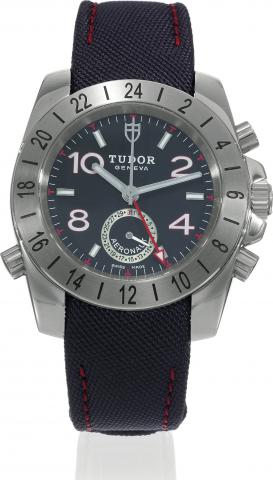 Aeronaut, Black Dial.Tudor, Geneva, Aeronaut, No. H719542, Ref. 20200. Sold November 6th, 2007..Fine, stainless steel, self-winding, water-resistant, center-seconds wristwatch with two-time-zones, independently adjustable.hour hand, 24-hour bezel, date an