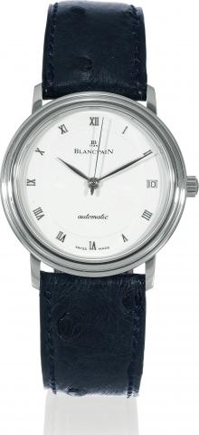 Villeret.Blancpain, 1735, Villeret, Automatic.case No. 79, Ref. 095. Sold on.January 23rd, 1993..Fine, very thin, self-winding, water-resistant.center seconds, stainless steel wristwatch.with date and a stainless steel Blancpain.buckle. Accompanied by gua