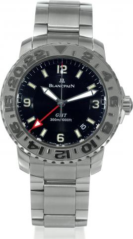 GMT.Blancpain, GMT, Ref. 2250.No. 485. Made in 1999..Fine, center-seconds, self-winding, waterresistant.to 300m/1000ft, two time-zone.stainless steel wristwatch with date and a.stainless steel Blancpain bracelet with.concealed double deployant clasp. Acco