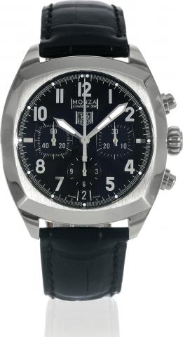 Monza 36.Tag Heuer, Monza Caliber 36.case No. 168608, Ref. CR5110. Made circa.2000..Fine, cushion-shaped, self-winding, waterresistant.stainless steel wristwatch with.round button chronograph, registers, date.and a Heuer stainless steel deployant clasp..T