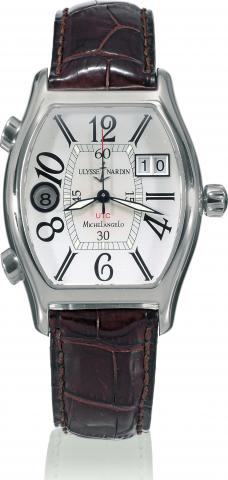 Michelangelo UTC.Ulysse Nardin, Michelangelo UTC, No. 167, Ref. 223-48. Made circa 2005..Fine, tonneau-shaped, self-winding, center seconds, water-resistant, two-time zone, stainless steel wristwatch with large date.and a stainless steel Ulysse Nardin buc