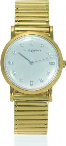 Yellow Gold and Diamonds.Ref. 4667.Vacheron & Constantin, Geneve, movement.No. 502613, case No. 338101, Ref..4667. Made in 1953, sold on 1953..Very fine and rare, thin, 18K yellow gold.and diamond wristwatch with an 18K.yellow gold Vacheron Constantin tie