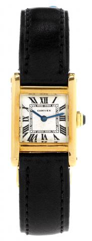 Tank.Cartier, Paris, Ref. 48509. Made in the 1980s..Fine, square, 18K yellow gold lady's wristwatch with an 18K yellow gold deployant clasp.