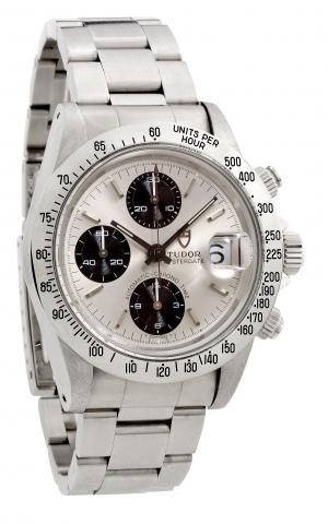 Chrono Time.Tudor, Oyster-Date, Automatic - Chrono Time, Ref..94300, case made by Rolex, Geneva. Made in the late 1980s..Fine, self-winding, water resistant to 100 meters, stainless steel.wristwatch with round button chronograph, registers, tachometer.dat