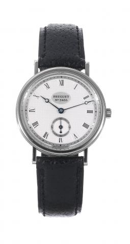 Breguet, No. 3455, Ref. 3910. Made in the late 1990s..Very fine and elegant 18K white gold wristwatch with an 18K white gold Breguet buckle. Accompanied by a box and.certificate.
