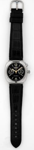 White Gold Zerograph.Officine Panerai, Radiomir.Zerograph,No.C75/99, Ref.OP 6544..Made in a limited edition of 99 examples.in 2000..Fine and rare, cushion-shaped, waterresistant.to 100 m., 18K white gold diving.wristwatch with single button chronograph.re