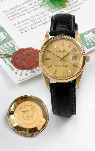 Ref. 15038, Buick Logo.Rolex Oyster Perpetual, Date, Superlative Chronometer, Officially Certified, Ref. 15038. Made circa 1986..Fine, center seconds, self-winding,water-resistant, 18K yellowgoldwristwatchwith date and Buick emblemengraving on the case ba