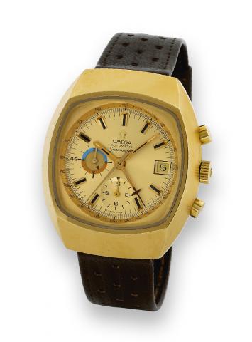 Automatic Seamaster.Omega, No. 35604653, Ref. 176005. Made circa.1970..Fine, tonneau-shaped, self-winding, water-resistant, goldplated.and stainless steel diver's wristwatch with round button.chronograph, registers, date, tachometer, 24-hour night / day.i