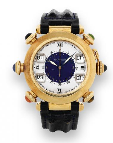 Pasha Golf.Cartier, Ref. 30010. Made in the 1980s..Fine and rare, center seconds, 18K yellow gold quartz wristwatch with 5 pushers and 4 digital registers to add up golf.strokes, and an 18K yellow gold Cartier deployant clasp.