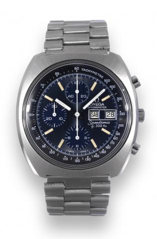 Speedsonic.Omega Chronometer, Speedsonic.300 Hz, movement No. 3842.3886, Ref. ST 188.0002. Made in 1978..Fine and rare stainless steel tonneaushaped.electronic wristwatch with.round button chronograph, 12-hour.and 30-minute registers, tachometer.day and d