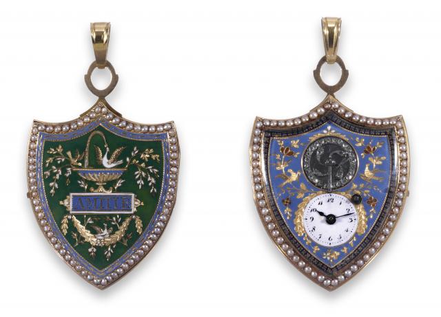 Amitie.Ant. Moilliet & Cie, Geneve. Made circa 1800..Very fine and very rare, 18K gold, enamel and pearl-set shield-shaped.pendant watch with visible rose-cut diamond-set balance.