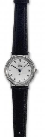 Breguet, Automatic, No. 1688, Ref. 5910. Made.circa 1999..Very fine and elegant, self-winding, center seconds, 18K white.gold wristwatch with date and an 18K white gold Breguet.buckle. Accompanied by a box and certificate.