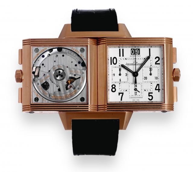 Pink Gold.Reverso Squadra Chronograph GMT.Jaeger LeCoultre, Reverso Squadra Chronographe, Automatic.1000 Hours Control, case No. 2441196, Ref. 230.2.45..Made circa 2007..Very fine and rare, large, rectangular and reversible, 18K pink.gold, self-winding, w