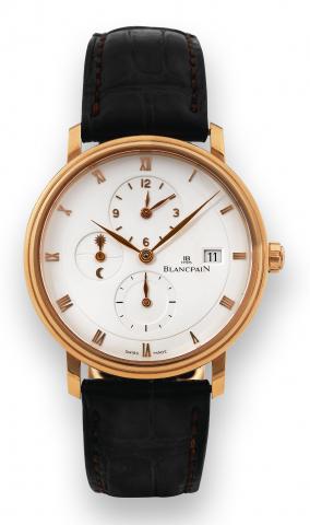 Villeret Time Zone.Blancpain, No. 167. Made circa 2003..Fine, self-winding, dual time-zone, 18K pink gold wristwatch.with date and am/pm indicator, with an 18K pink gold Blancpain.deployant clasp. Accompanied by a fitted box and.instruction booklet.