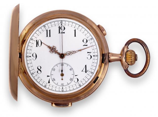 Quarter Repeating with Chronograph.Tempora (Le Phare), Le Locle & La Chaux de Fonds.No. 34213. Made circa 1910..Fine, large, quarter-repeating, 14K pink gold hunting-cased.keyless pocket watch with chronograph..To be sold without reserve