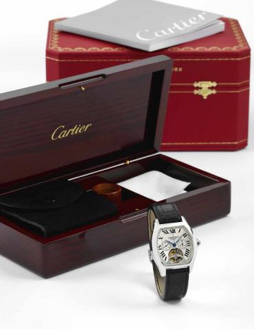 Platinum Cartier Tortue XL Tourbillon.Cartier Tortue XL Tourbillon Chronograph Monopoussoir, No. 24/40, Ref. 2759. Made in a limited edition of 40.pieces in 1996, sold on March 3, 2006..Very fine, large and rare, water-resistant, platinum wristwatch with 
