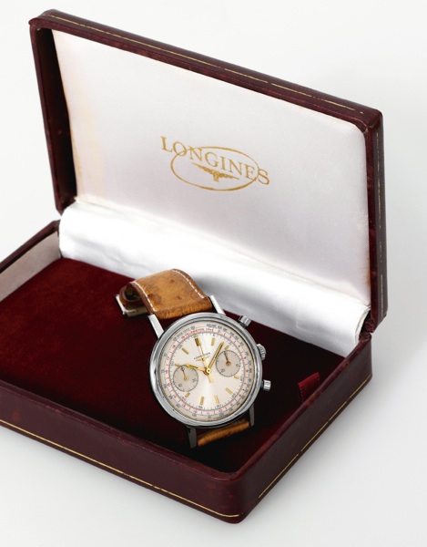 Steel Flyback Cal 30CH.Longines, Flyback Chronograph, No. 12895250, case.No. 7413 3 58. Made in the 1960's..Fine and rare, water-resistant, antimagnetic, stainless steel.wristwatch with round button fly-back chronograph, register.telemeter, tachometer and