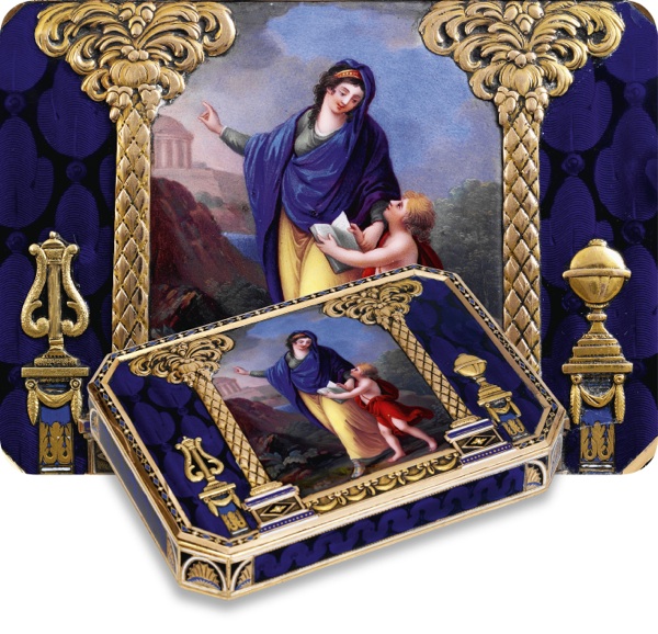 Allegory of History.Remond, Lamy & Co., Geneva, the enamel attributed to Jean-Abraham Lissignol (1749-1819). Made 1801- 1804..Fine, 18K gold and painted on enamel table snuff box.
