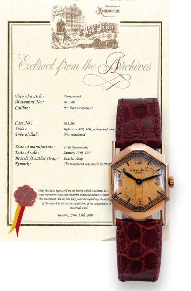 Ref. 472.Patek Philippe & Co, Geneve, movement No..813903, case No. 613200, Ref. 472. Movement made in 1926.encased in 1936 and sold on January 13th 1937..Very fine and rare, octagonal 18K pink gold wristwatch with.a 18K pink gold Patek Philippe buckle. A