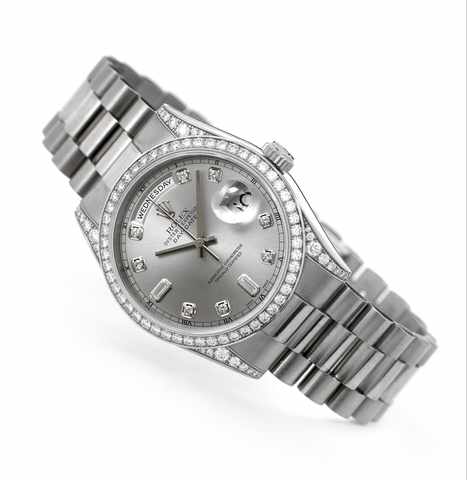 Rolex White Gold & Diamond Day-Date.Rolex, Oyster Perpetual Day-Date, Superlative Chronometer Officially Certified, Ref. 118389. Made in 2001..Very fine, center seconds, self-winding, water-resistant, 18K white gold wristwatch with double quick-set day an