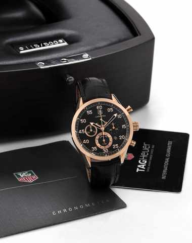 Tag Heuer, Pink Gold Carrera - CaliBer 360 -.Limited Edition.Tag Heuer, Swiss, Carrera, Automatic, Officially Certified.Chronometer, Chronograph, No. 115/500, No. 1643495.Ref. CV 5041. Made in a limited edition of 500 pieces in 2007..Fine, self-winding, w