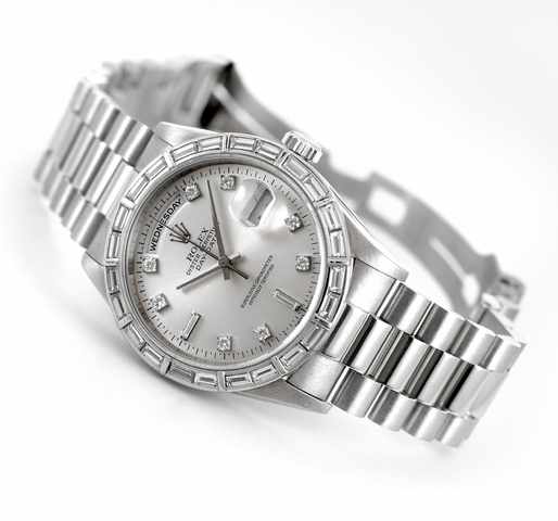 Rolex Ref. 18366 Platinum & Diamond Day-Date.Rolex, Oyster Perpetual, Day-Date, Superlative Chronometer Officially Certified, Ref. 18366. Made in 1996..Fine and rare, tonneau-shaped, center seconds, self-winding, water-resistant, platinum and diamond chro