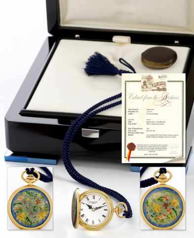 Patek Philippe hunting cased cloisonne.enamel fob watch.Patek Philippe & Cie., Geneve, No. 1335215, case No..542651. Ref. 885/14. Made in 1983, sold on May 28th 1984..Fine and unusual decorative 18K gold and enamel hunting.cased keyless fob watch. Accompa