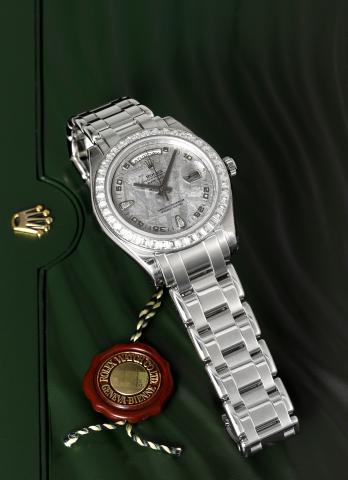 Rolex Ref. 18956, Special Edition Meteorite, Platinum & Diamond.Day-Date.Rolex, Oyster Perpetual, Day Date, Superlative Chronometer Officially Certified, case.No. Z809964, Ref. 18956BR. Made in 2006..Very fine and rare, heavy, tonneau-shaped, water-resist