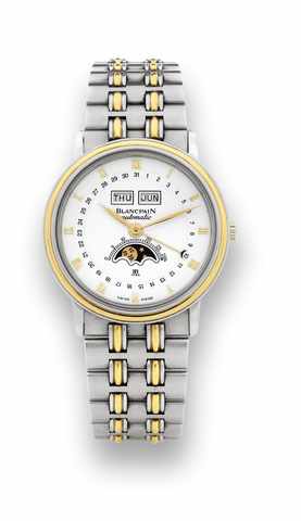 Blancpain Steel & Gold Triple Date.Blancpain, Automatic, No. 3749, Ref. 6595. Made circa 2000..Fine, self-winding, water-resistant, stainless steel and yellow gold wristwatch with triple date, moon phases, age of the moon and a.steel & gold Blancpain link