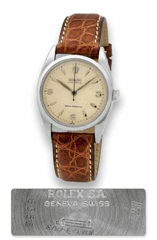Rolex - Ref. 6352 - Honeycomb Dial.Rolex, Oyster Perpetual, Shock-Resisting, Ref. 6352/6350..Made in 1954..Fine, center seconds, self-winding, water-resistant, stainless.steel wristwatch. Accompanied by a service box.