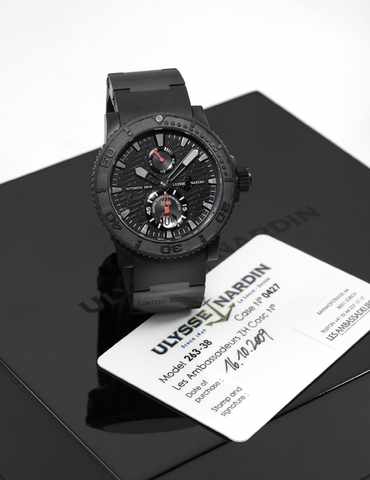 Ulysse Nardin Black Ocean.Ulysse Nardin Le Locle, Suisse, Marine Diver Chronometer.Automatic 200 m, No. 0427/1846, Ref. 263-38. Made in.2008, sold on October 16th, 2009..Fine, self-winding, water resistant to 200 m, stainless steel.and black diamond carbo