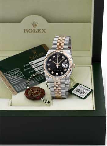 Rolex Ref. 116231 - Steel & Pink Gold -.Black Jubilee Diamond Dial.Rolex, Geneve, case No. V127629, Ref.116231. Made in 2008..Fine, stainless steel and pink gold, center seconds, selfwinding.water-resistant chronometer wristwatch with.diamond-set dial, da